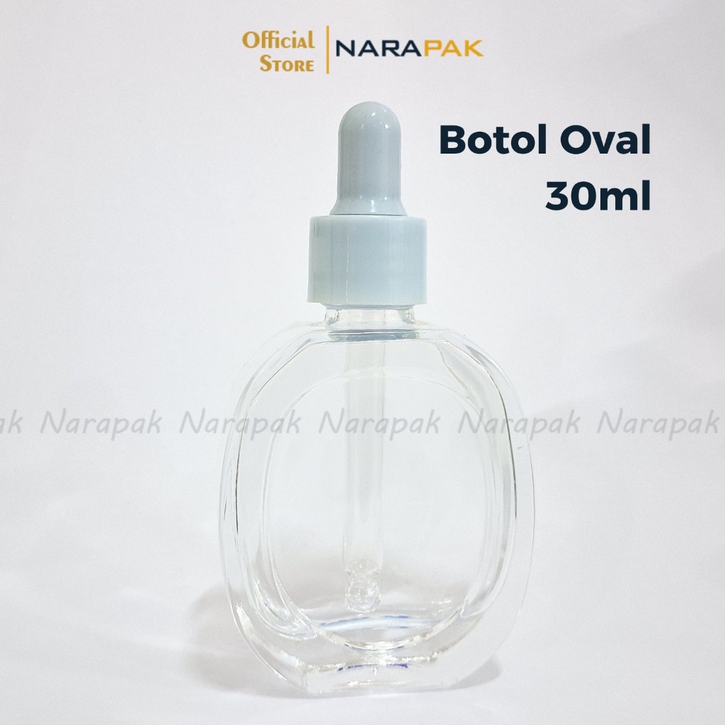 Botol Kaca 30ml Bentuk Oval Bening Pipih Tutup Biru Muda Unik Pipet Tetes Serum Skincare