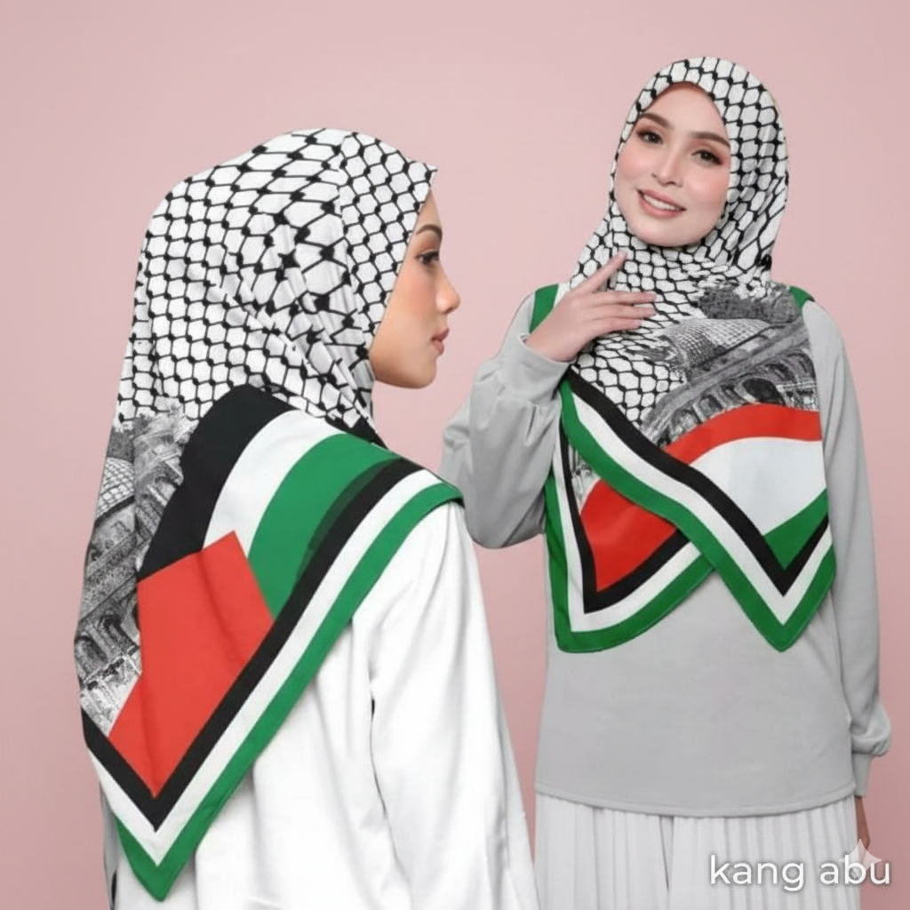 imn. BOSS.hijab// jilbab voal segi4 motif PALESTIN/ DENAY / VZ kw  lasercut printing premium ukuran 