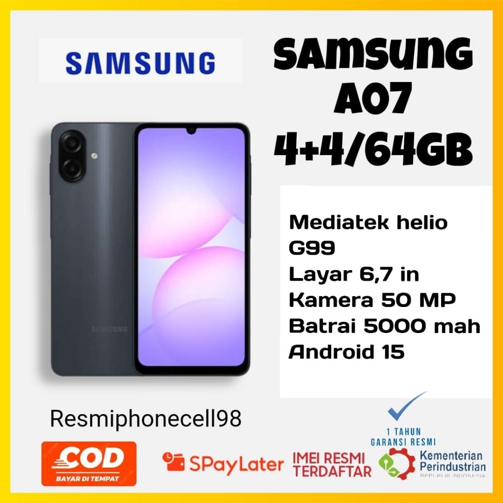 Samsung A07 4+4/64 GB baterai 5000mah kamera 50mp mediatek helio G99 Android 15 imei terdaftar garan