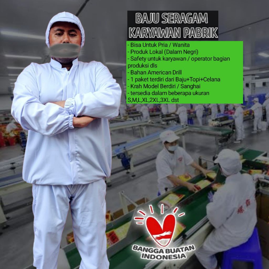 Seragam Baju Karyawan Pabrik Wanita Pria Bagian Produksi Makanan Wearpack Safety Setelan Warna Putih