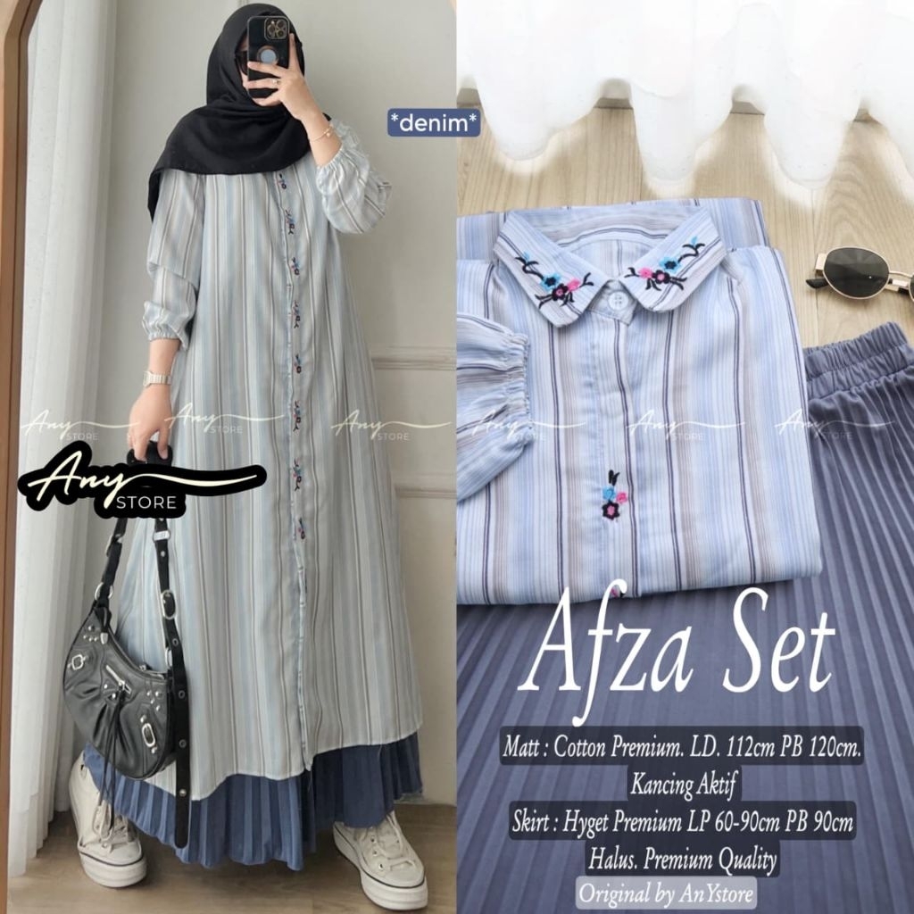 ((TUNIK SETELAN)) AFZA Setelan Tunik Katun Salur&Rok Hyget Premium Terbaru By ANY.