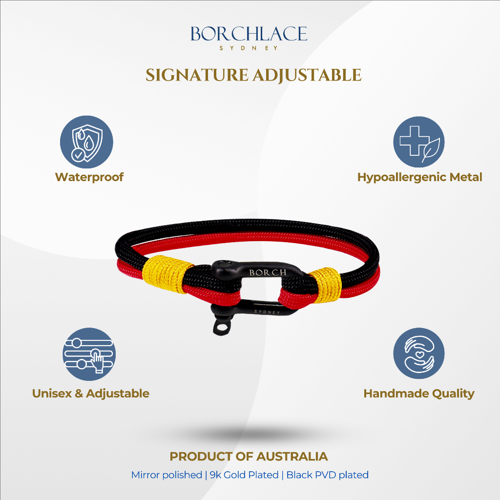 BORCHLACE Signature Adjustable Gelang premium, Bracelet handmade Australia, SA22 - Black - Red - Yel