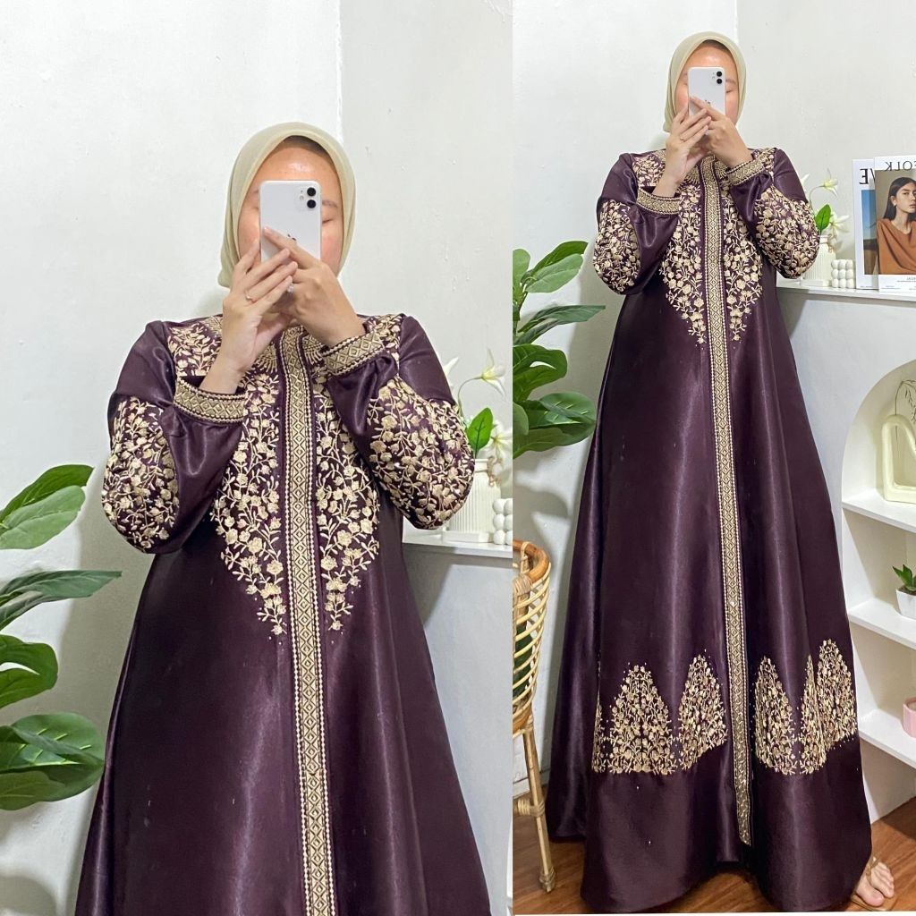 Gamis muslimah bordir/gamis lebaran 2026 bahan satin kristal bordir mewah  dan elegan