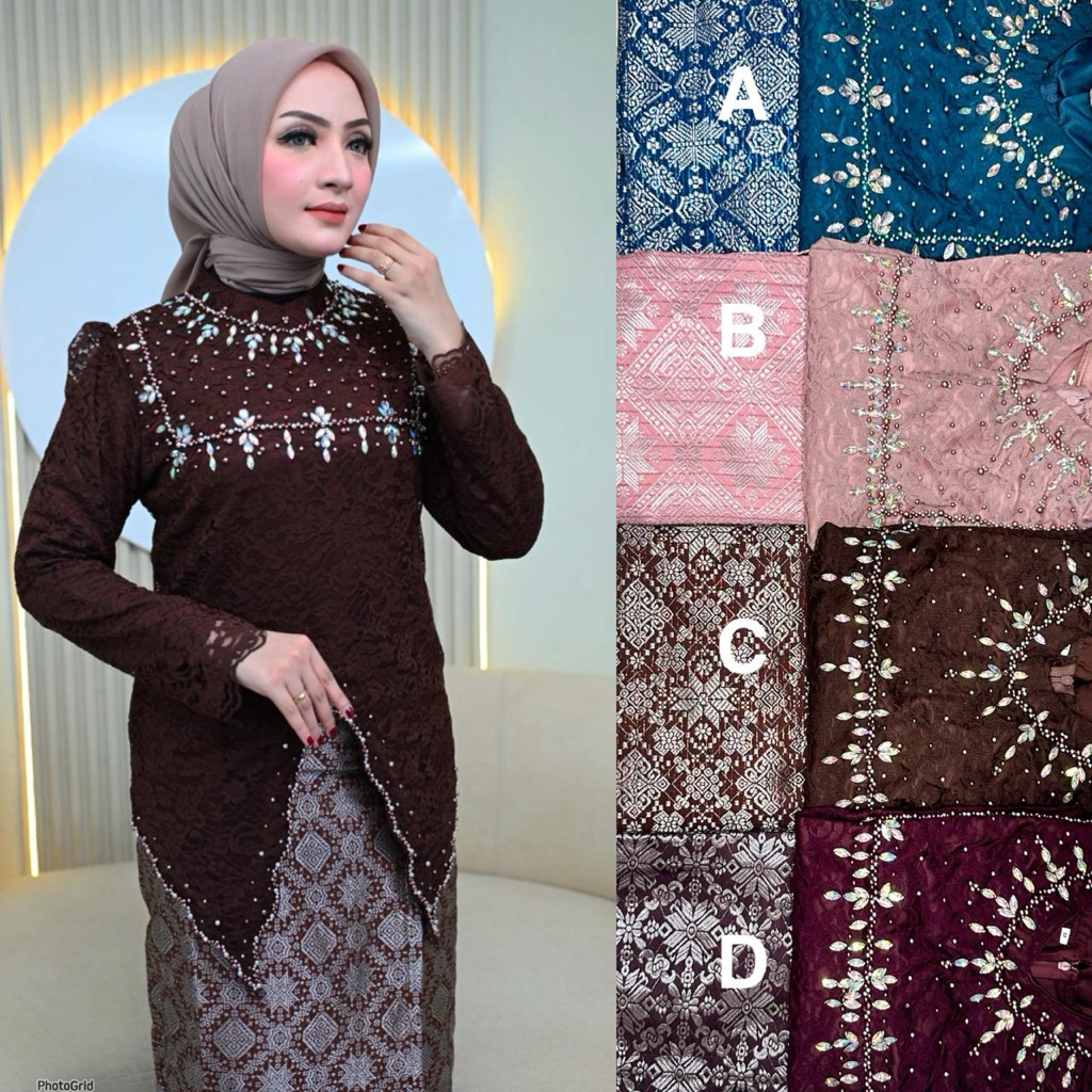 SETELAN KEBAYA SONGKET DEWASA BAHAN BROKAT BUNGA TIMBUL MIX MUTIARA