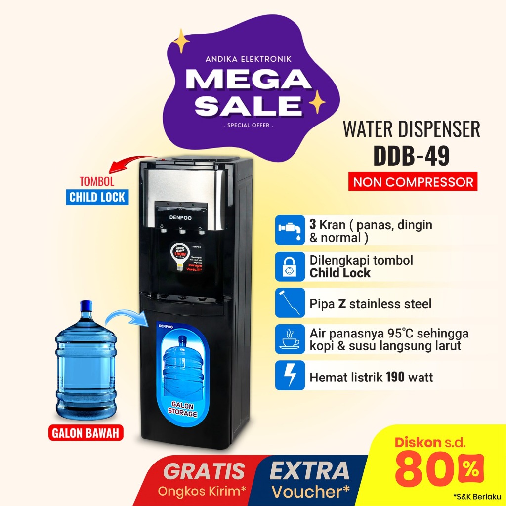 Dispenser DDB 49 Galon Bawah Low Watt DENPOO Zpipa Stainless / Denpoo Dispenser Galon Bawah