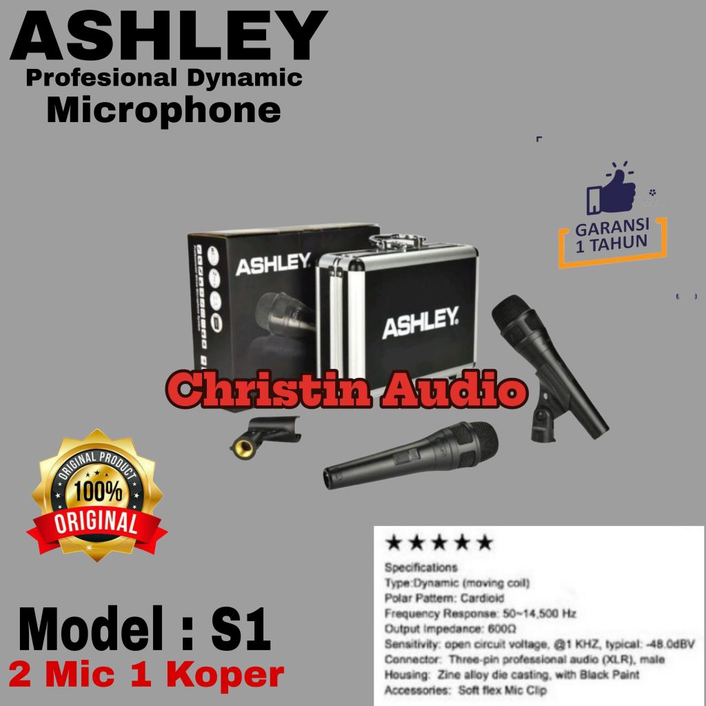 Mic Kabel Ashley S1 / S 1 Profesional Dynamic Microphone Original 2 Mic Handheld Free Koper Tanpa Ka
