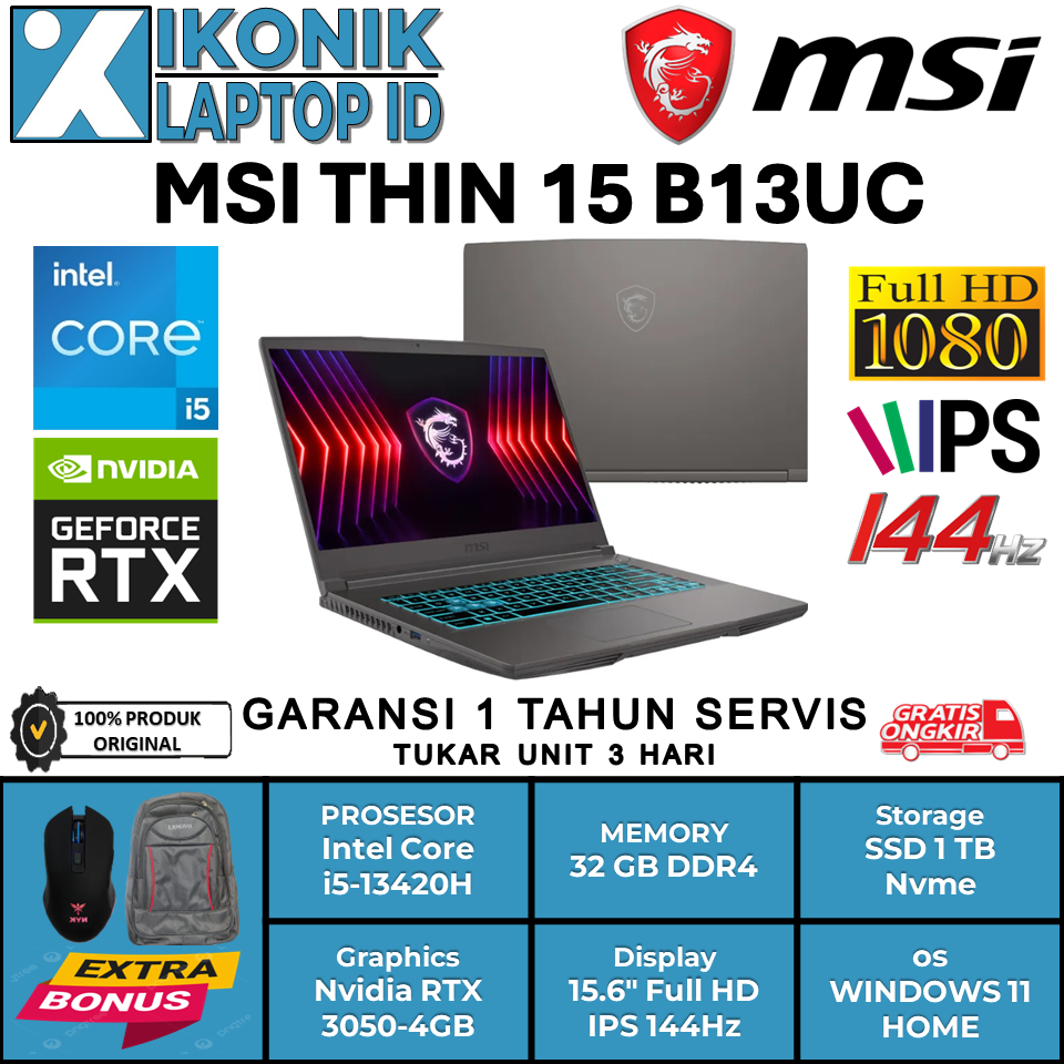 Laptop Gaming MSI THIN 15 Intel Core i5 13420H Nvidia Geforce RTX 3050-4GB Ram 32 GB Ssd 1 TB Baru