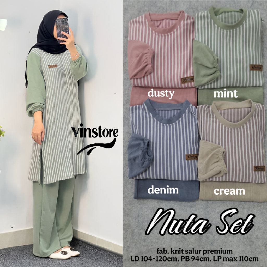 Nuta Set By VinStore//Oneset Wanita Kekinian Model Tunik Celana Kulot Bahan Knit Salur Premium