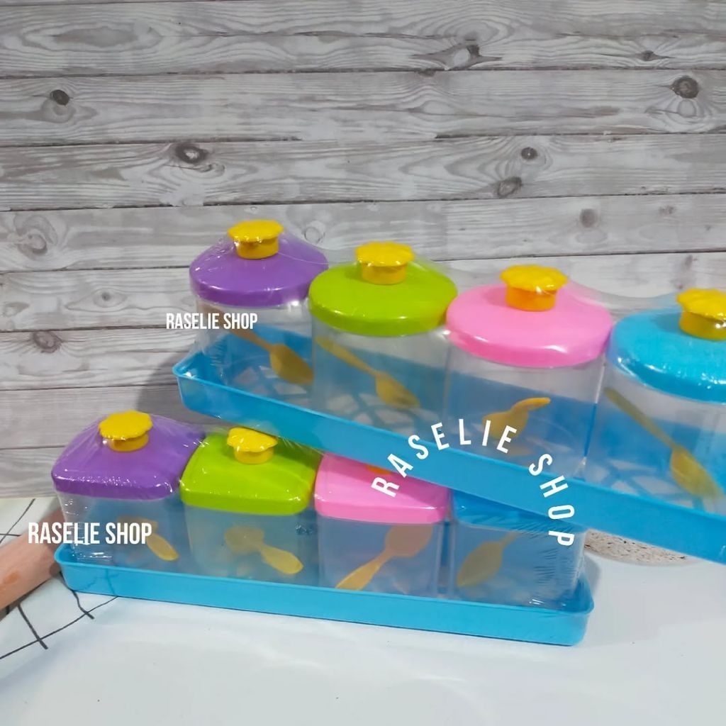 Set 4pcs Tempat Bumbu Dapur Plastik Wadah Garam Gula Kotak Bulat Kitchenware Serbaguna