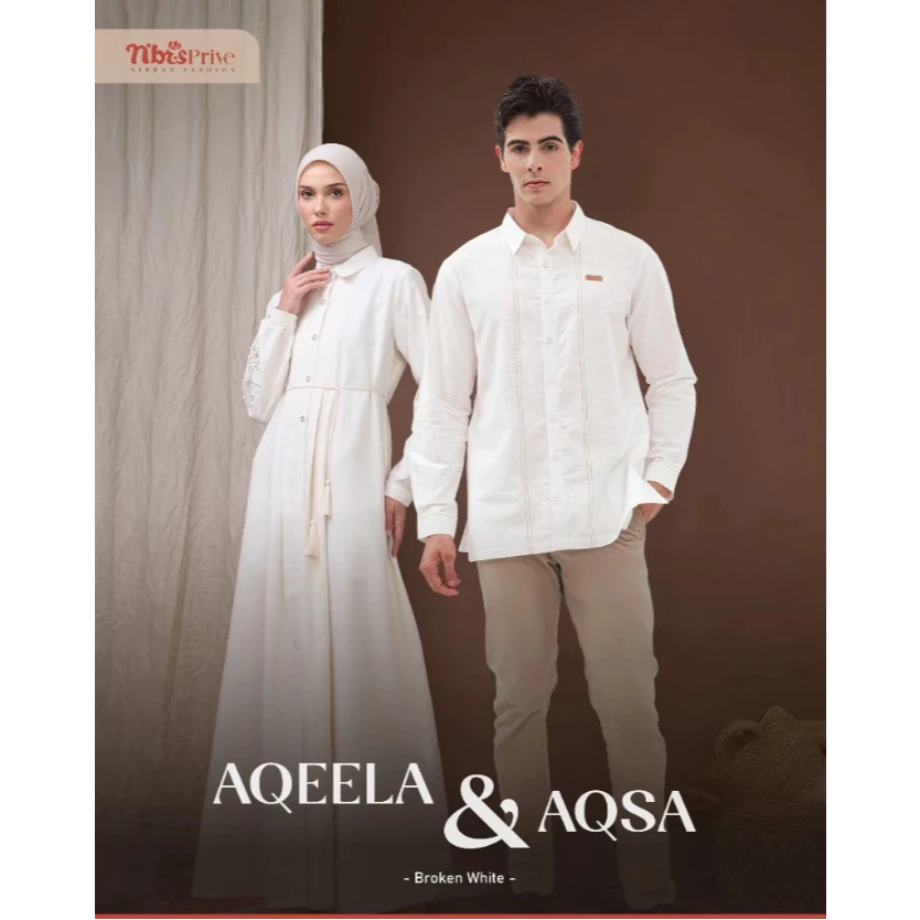 GAMIS NIBRAS TERBARU 2025 - COUPLE NIBRAS AQEELA & AQSA - COUPLE BROKEN WHITE KATUN LINEN - KOKO LEN