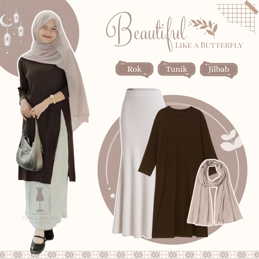 Setelan Outfit Lebaran Remaja ( Tunik Rajut - Rok Duyung - Pashmina ) OOTD Mahagany Kekinian ZL165N