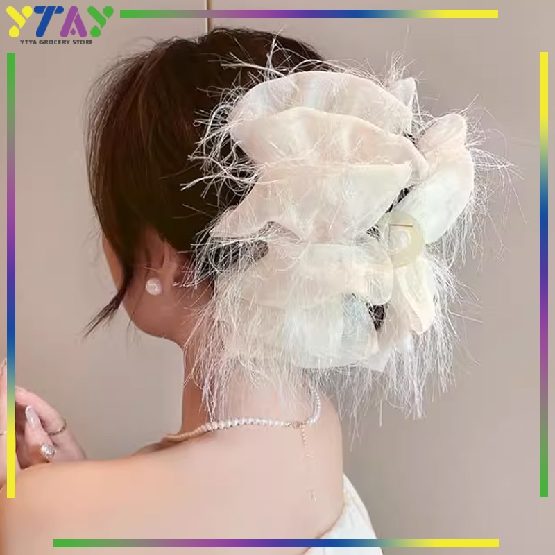 Jepit Rambut Besar Korea Model Lapisan Banyak Dengan Detail Bulu Satin dan Tulle untuk Tatanan Rambu