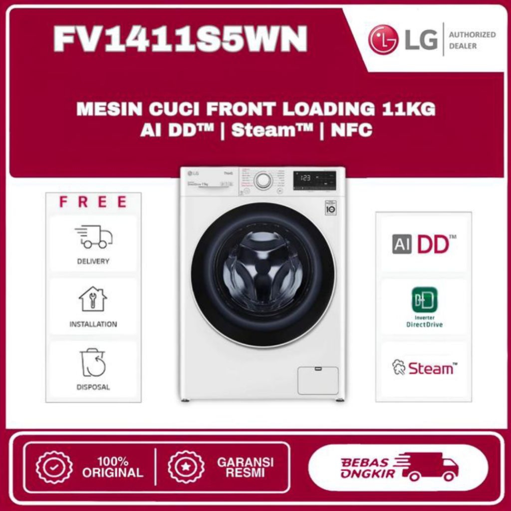 MESIN CUCI LG 11KG FRONT LOADING FV1411S5WN MESINCUCI LG 11 KG FRONT LOADING 1 TABUNG LG 11 KG