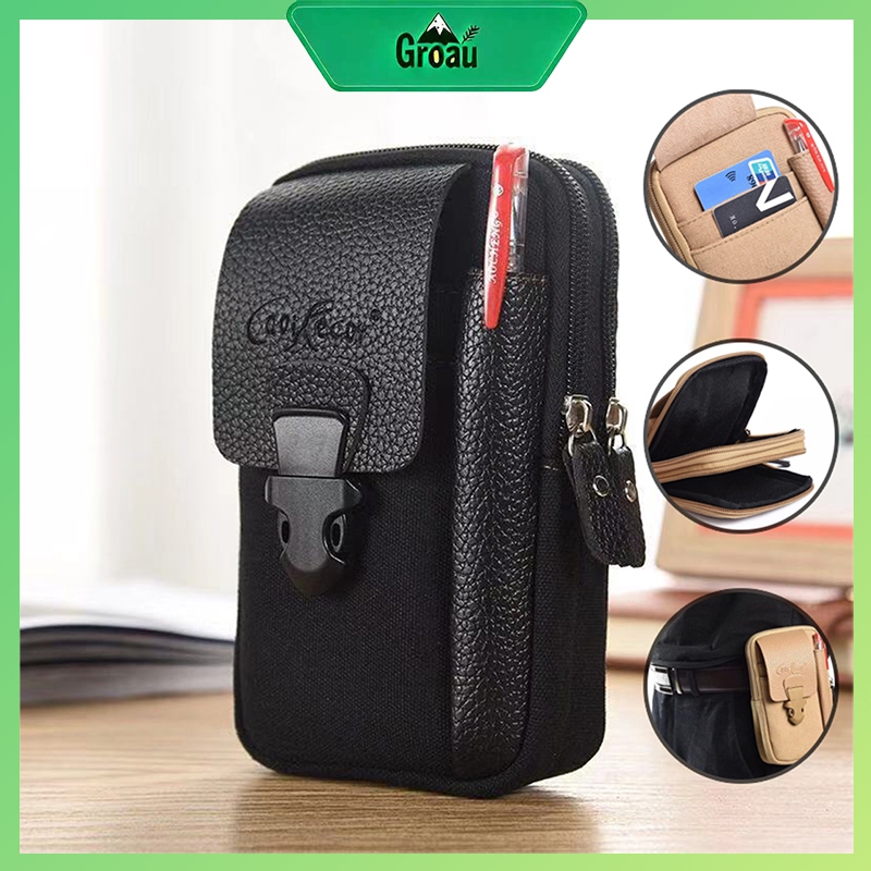 Tas Pinggang Pria Hitam Outdoor Kanvas Canvas Nyaman Waist Bag Pouch Dompet Pinggang HP Pria
