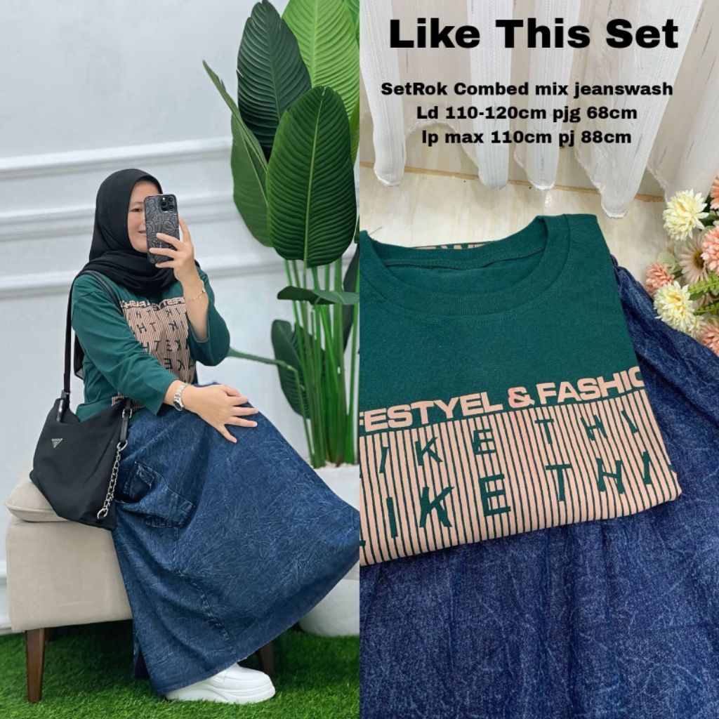 Set Rok Jeans Wanita Muslimah – Atasan Combed Premium & Rok Jeanswash