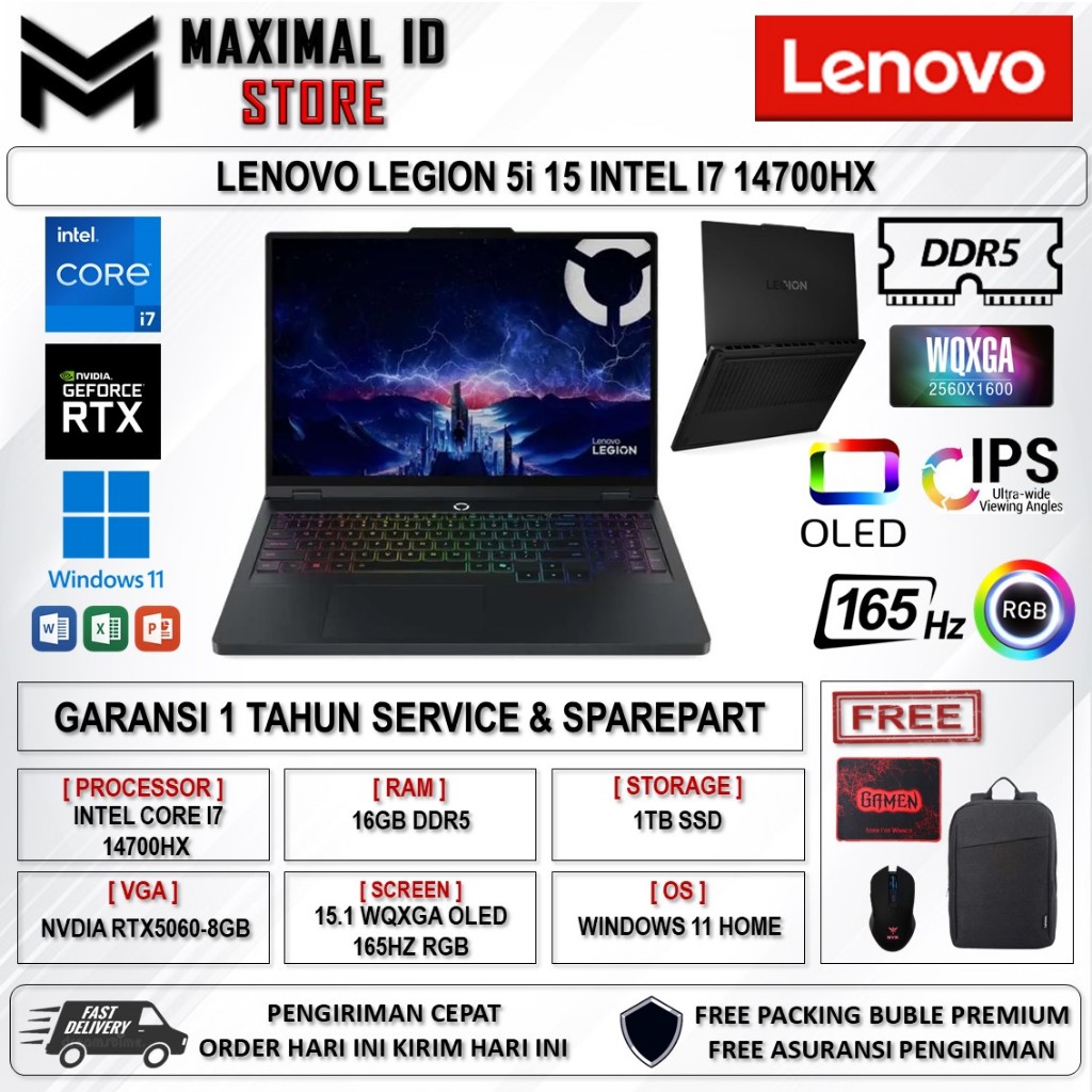 Laptop Lenovo Legion 5i OLED 2025 RTX 5060 Intel Core i7-14700HX 24GB RAM 512SSD 15 Inch Windows 11