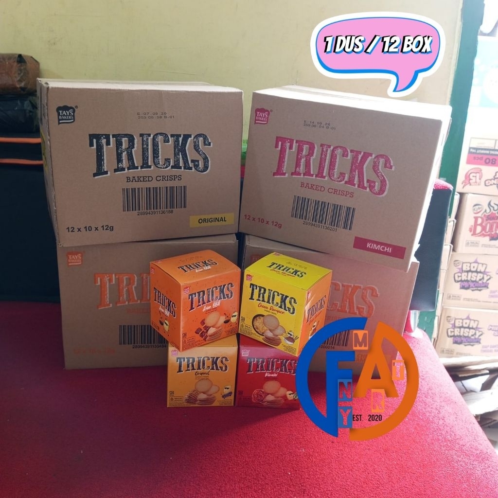 ( 12 BOX / 1 DUS) Tricks Snack Baked Crisps Kentang 4 Rasa Original / Asian BBQ / Kimchy / Cheese Ra