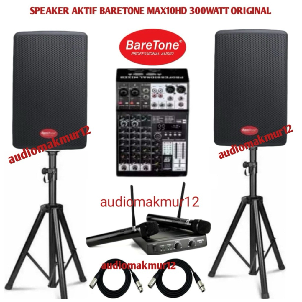 Paket Sound System Baretone MAX10HD Aktif Komplit Mixer Soundqueen Dan Mic Wireless Ashley Original