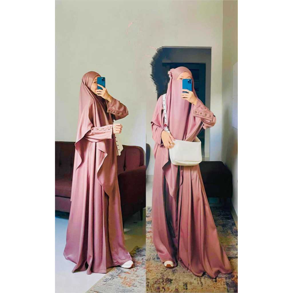 Hayya Set | Gamis Set French Khimar | Abaya Set Khimar Dusty Pink