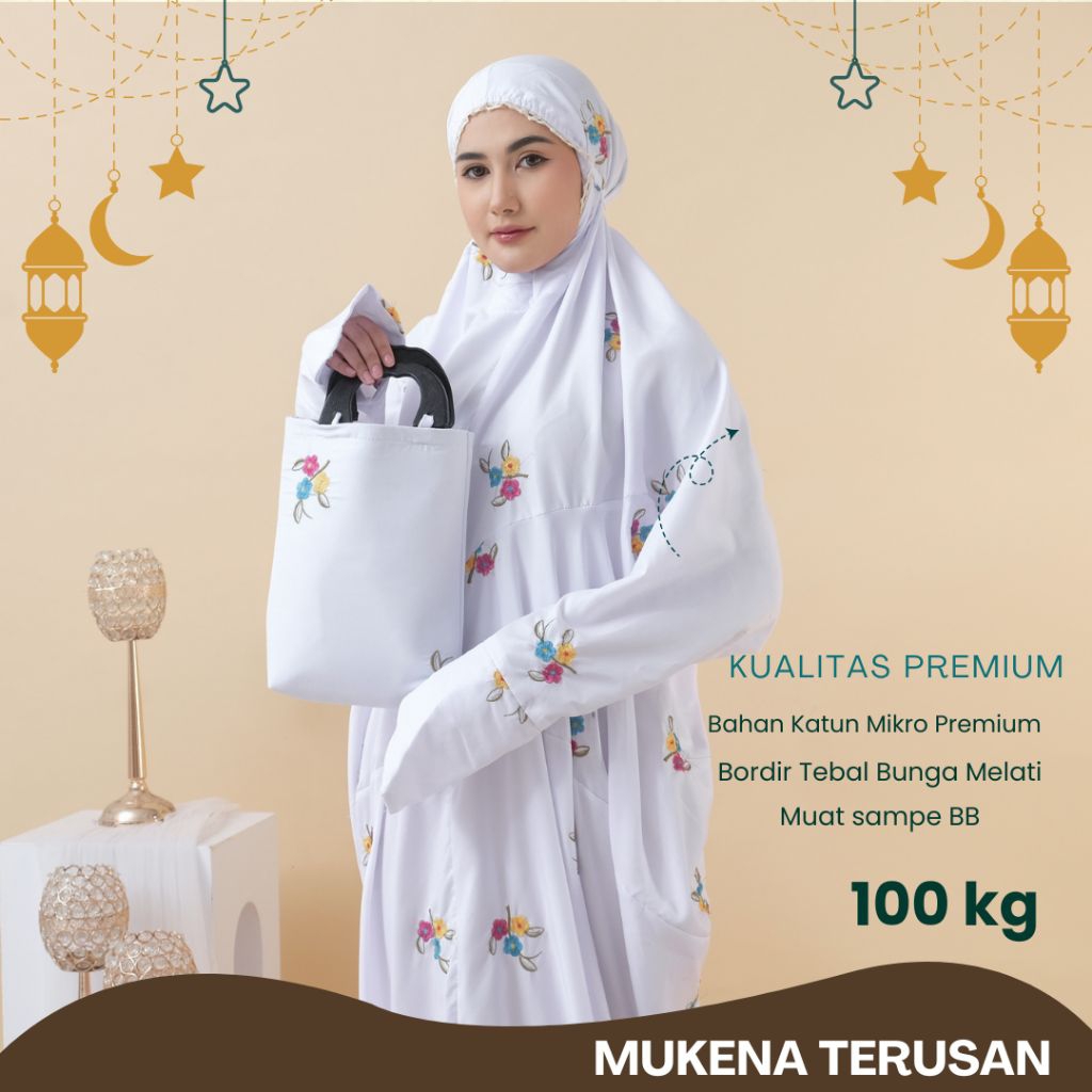 Maysaron Mukenah Terusan Dewasa Jumbo Katun Bordir Bunga | Mukena Lajuran Langsungan