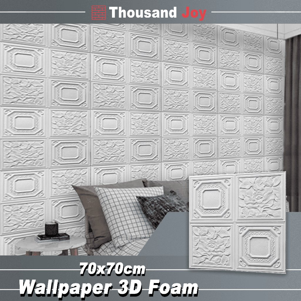 Thousand Joy-Sticker Dinding 3D Foam Motif Batu Bata Putih 70x77cm, 70x70cm- Tahan Air, Mudah Dipasa