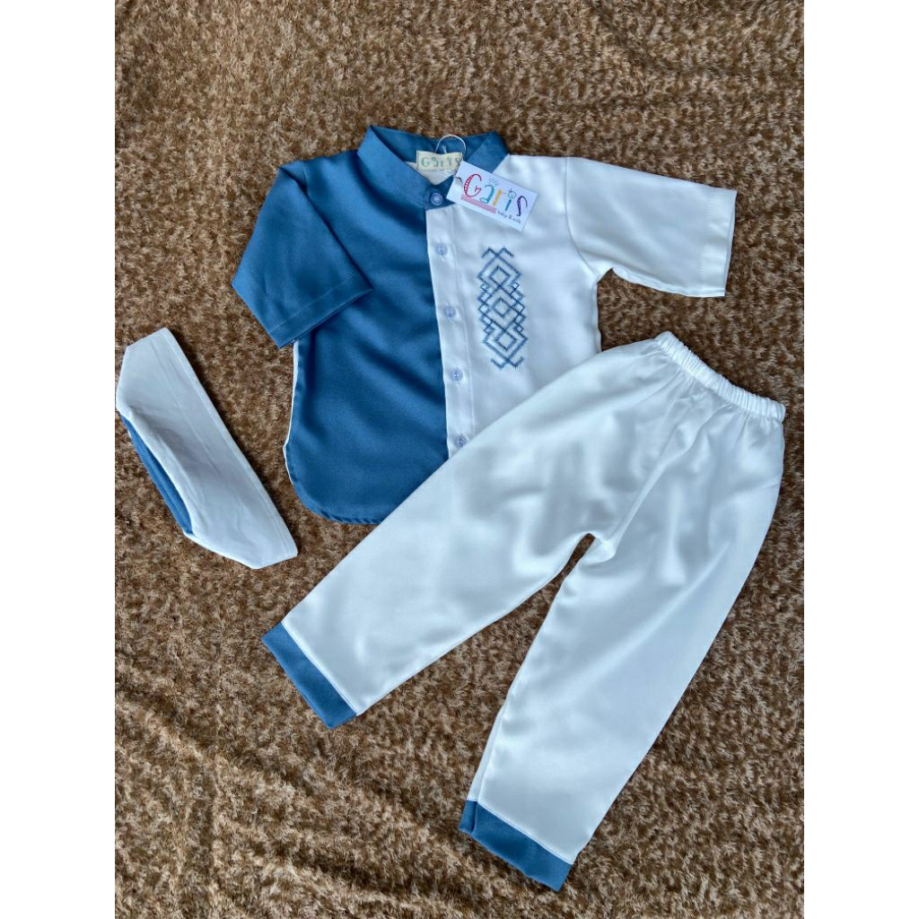 BAJU KOKO ANAK PUTIH BIRU SETELAN PECI (BORDIR)