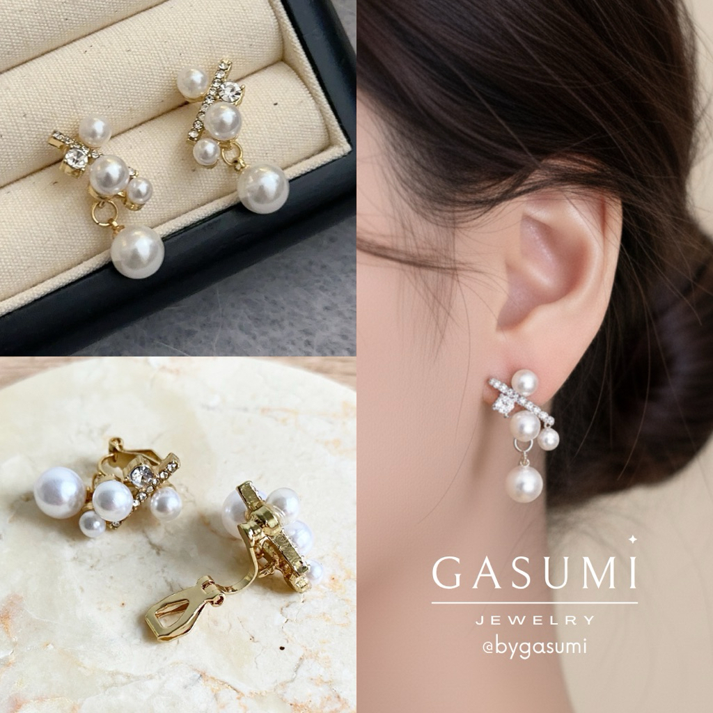 REVALINA - Anting Tanpa Tindik Jepit Batu Kristal White Pearl Earclip Mutiara Putih Drop Elegan Gold