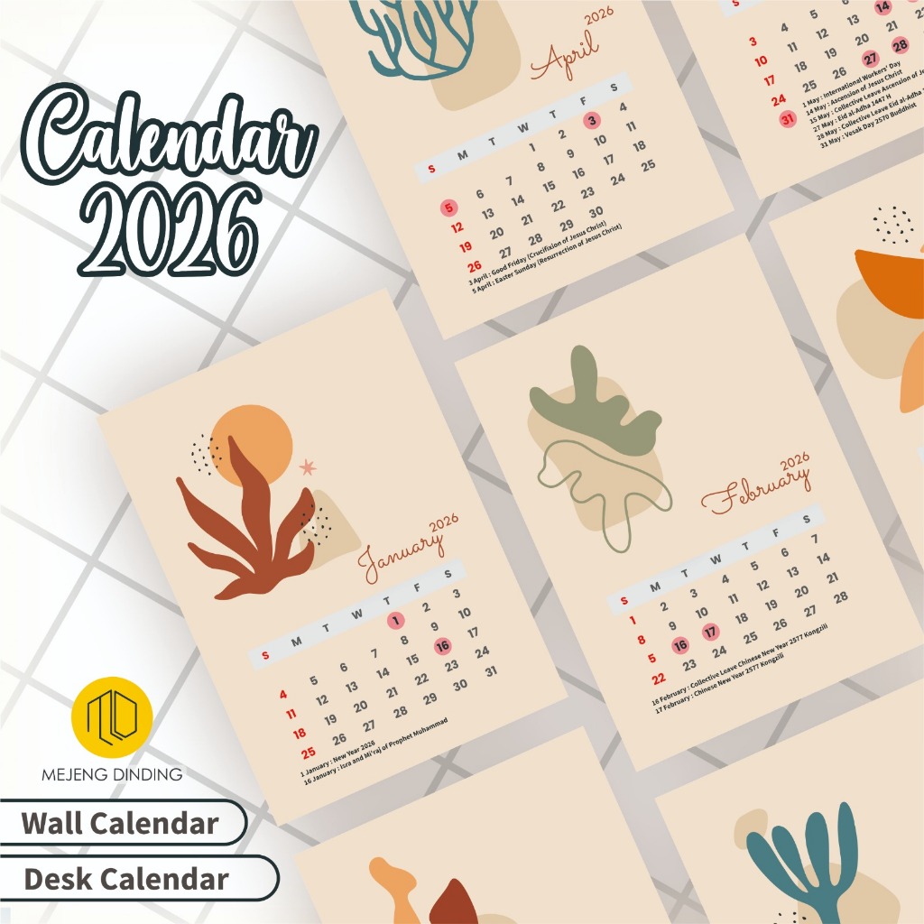 Kalender Dinding Aesthetic 2026 / Kalender Meja Aesthetic 2026 / Kalender Tempel Aesthetic 2026 / Ka