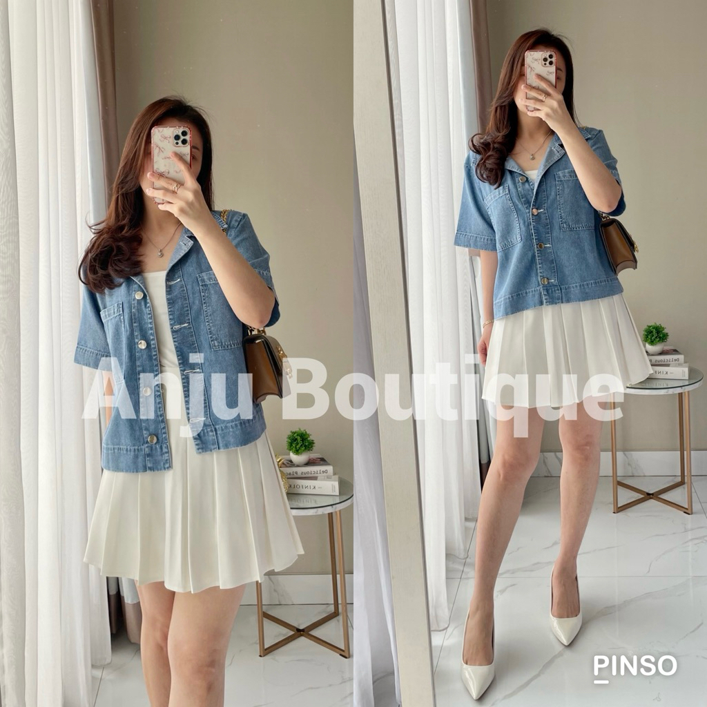 Atasan Kemeja Denim Lengan Pendek Crop Wanita | Enzo / Haruka Denim Shirt ANJU