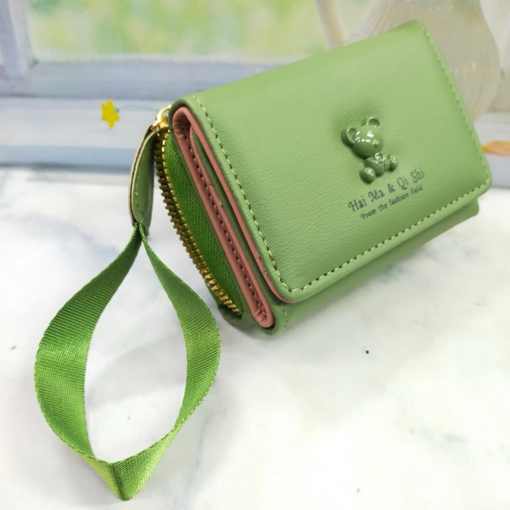 Dompet lipat 3 wanita/cewek kecil koin resleting polos logo cute