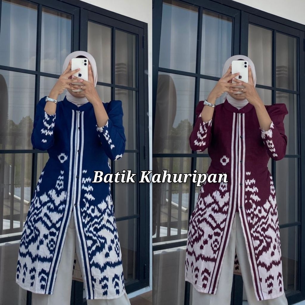Tunik Batik Lengan Puffy Tunik Songket Batik Wanita Modern Baju Batik Kancing Depan Motif Laras By B