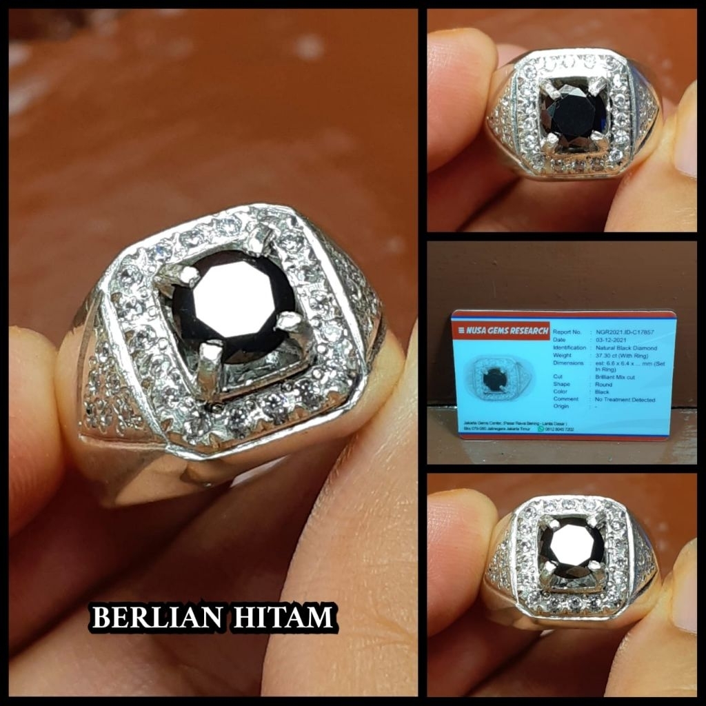 natural batu black diamond berlian hitam + ring perak