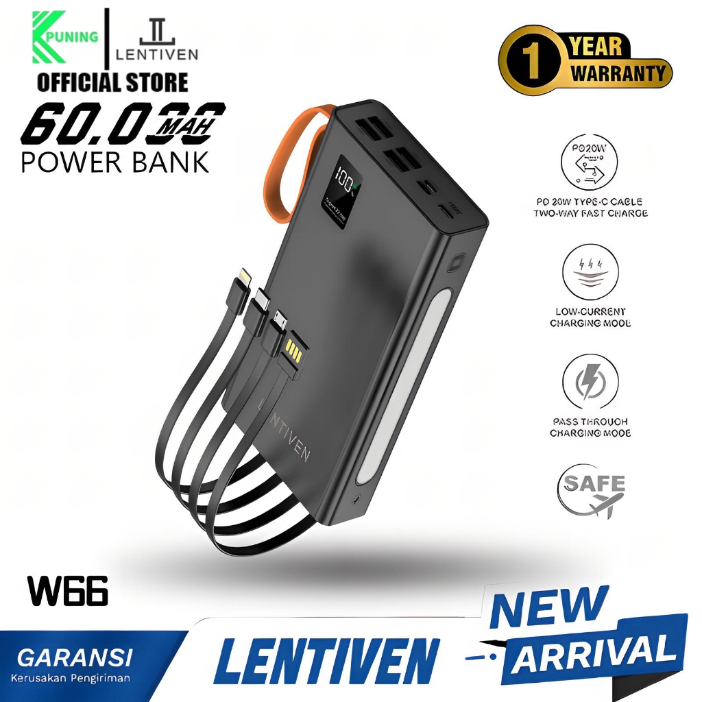 PUNING LENTIVEN POWERBANK 60000 MAH FASTI CHARGING WITH 4 KABEL DATA DAN SENTER W6