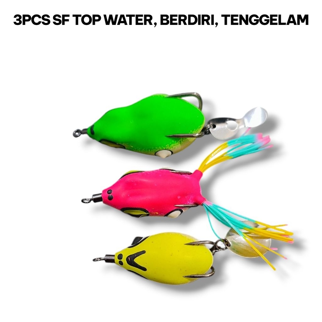PAKET 3PCS SOFT FROG SKIRT BERDIRI, TENGGELAM DAN TOP WATER. umpan casting gabus. lure casting gabus