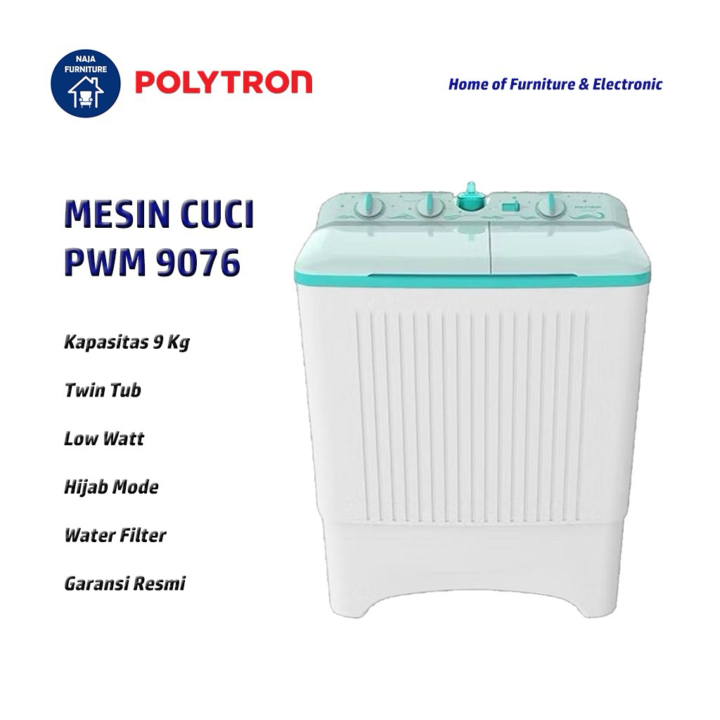 POLYTRON Mesin Cuci 2 Tabung 9 KG PWM 9076 | Mesin Cuci Polytron 9 KG | Mesin Cuci 2 Tabung Giant Se