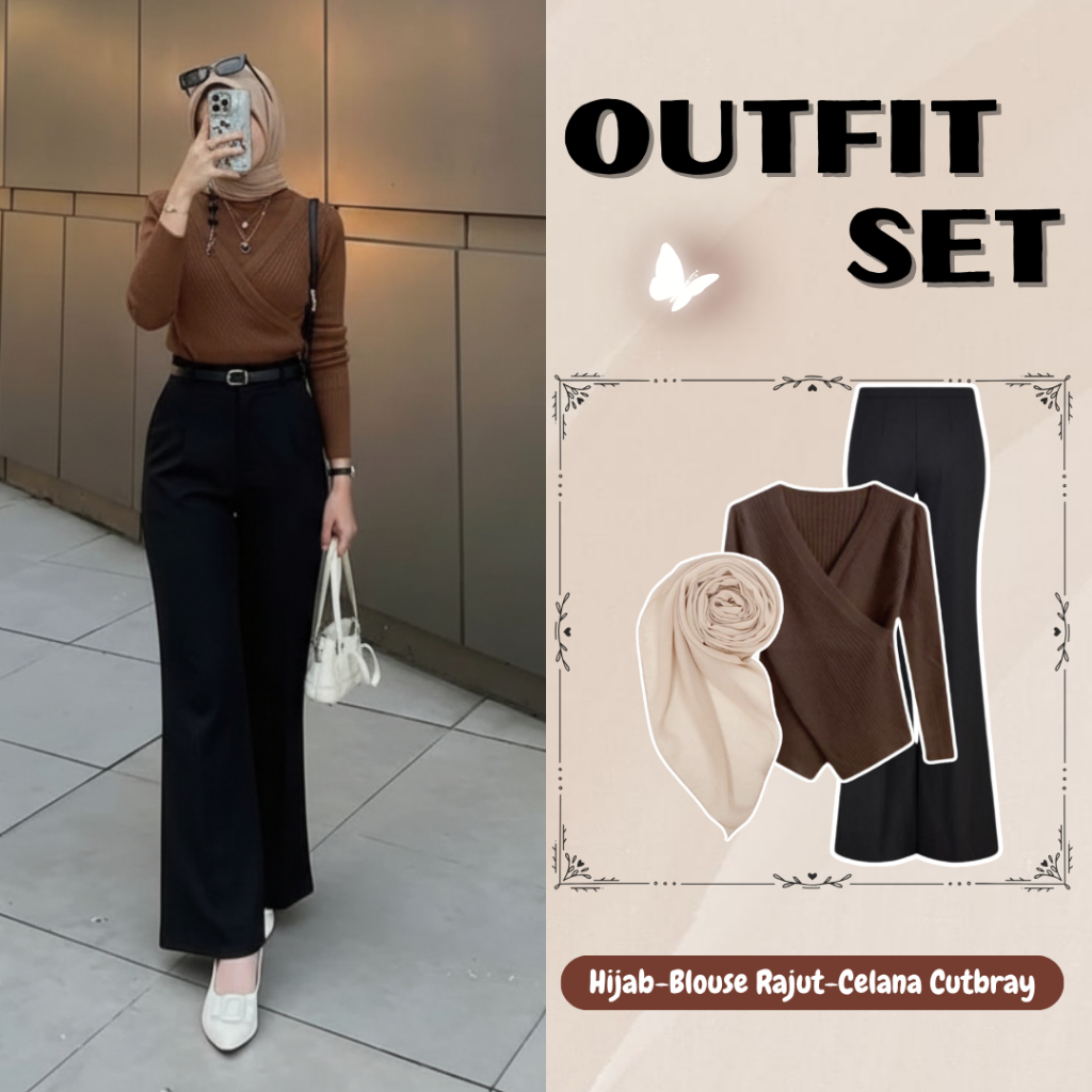 One Set Wanita Kekinian (HIJAB-BLOUSE-CELANA),One set Wanita Korean Style 3in1 Hijab OOTD Outfit Kek