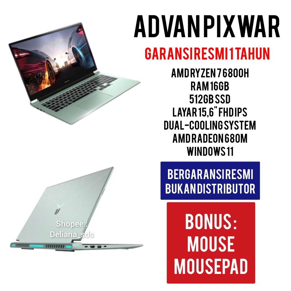 Laptop Advan Pixwar Ryzen 7 6800H 16/512 SSD 15,6" FHD IPS Garansi Resmi 1 Tahun Laptop Advan Murah 