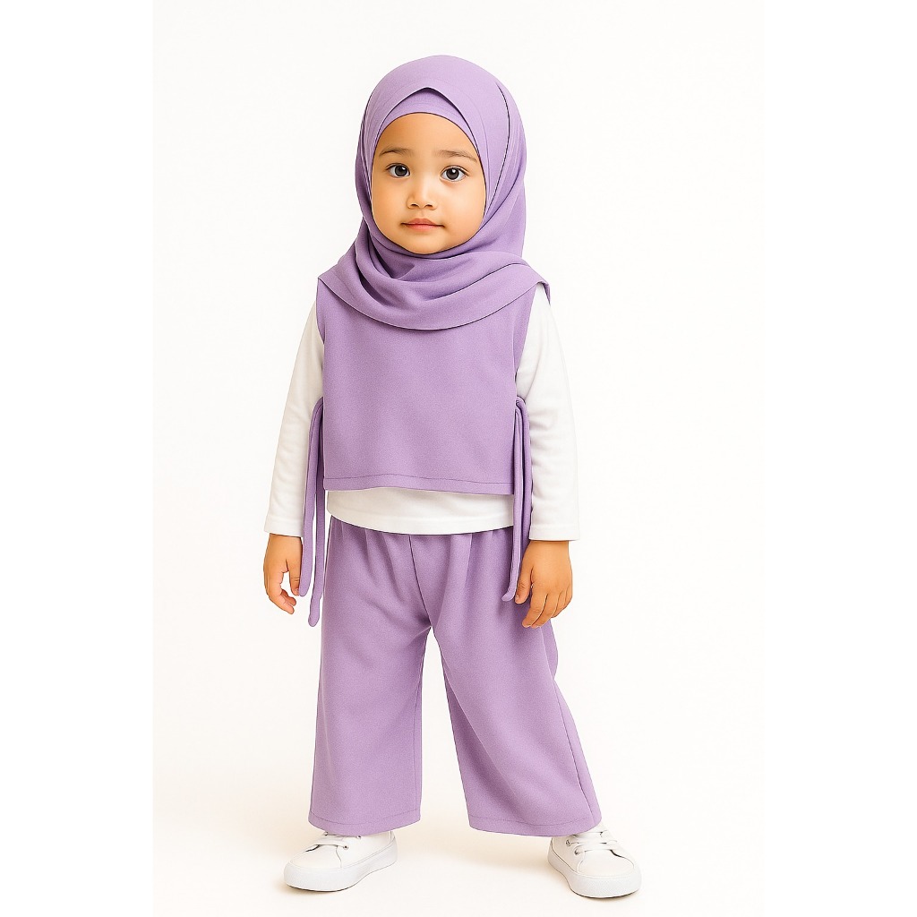 STELAN CHIKA ( BAJU + ROMPI + CELANA ) ANAK PEREMPUAN WARNA LAVENDER USIA 3 TAHUN - 12 TAHUN