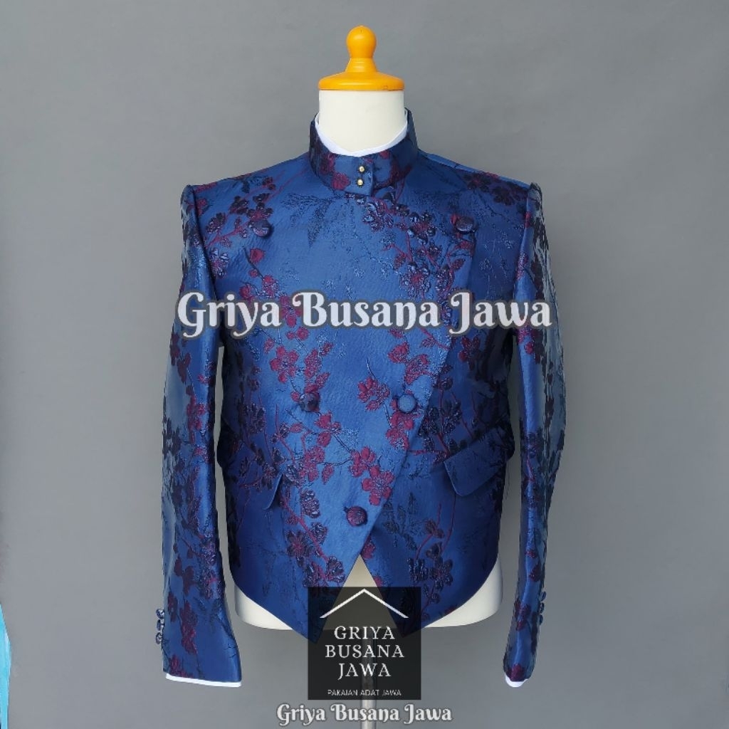 Beskap Solo Krowok Alusan Biru Navy Motif Bunga Jaguar Import Premium