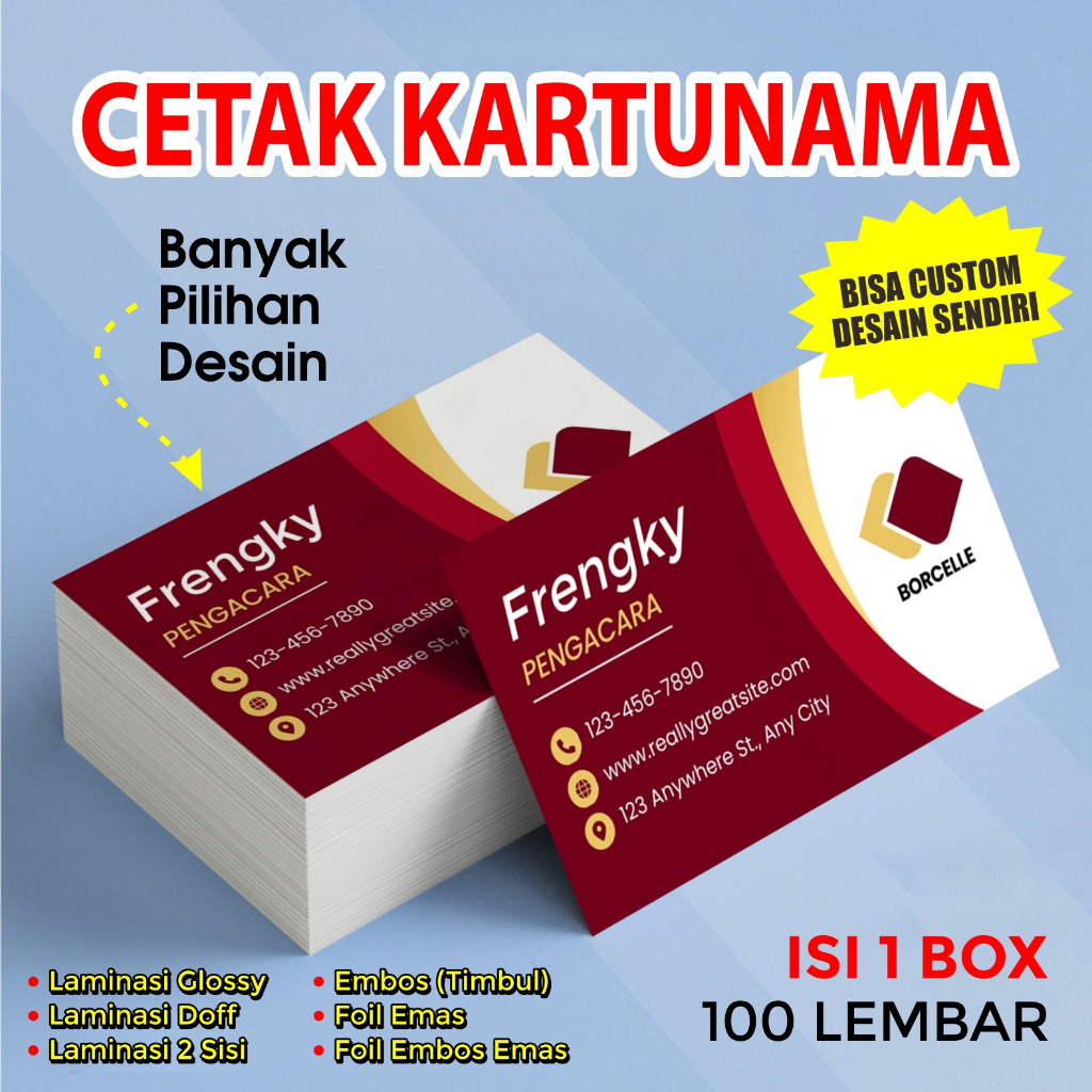 Cetak Kartu Nama Custom – Desain Sendiri | Laminasi Glossy/Doff | Foil Emas | 1 Box Isi 100 Lembar