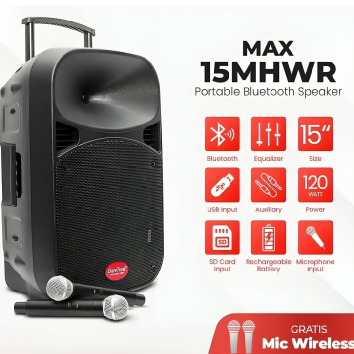 Speaker Aktif Portable Baretone 15 Inch MAX1515 MHWR/Speaker Karaoke Bluetooth Baretone 15" 1515MHWR
