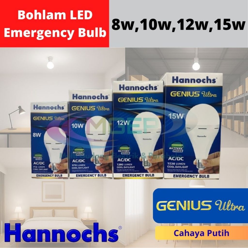 Hannochs Genius Ultra Lampu LED Emergency 15W 12W 10W 8W Lampu Darurat Lampu Cas AC/DC Original