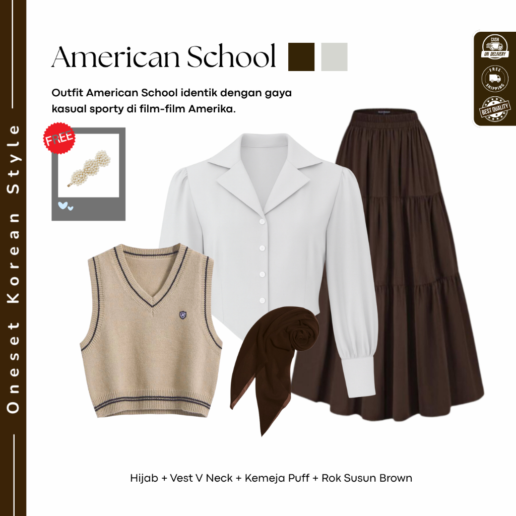 Yearbook Outfit Kekinian (Bella Square + Kemeja + Vest+ Rok Susun) OOTD Yearbook American School - F