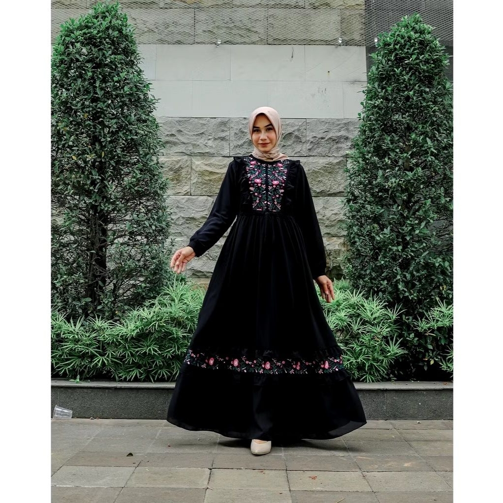 Fatihah Collection - Mawar Bordir - Baju Gamis Wanita Model Terbaru Bahan Ceruti - Gamis Lebaran - G