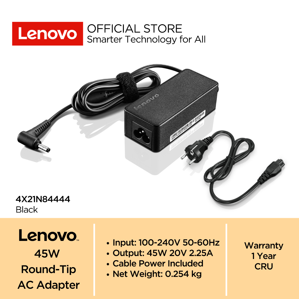Lenovo AC Adapter 45W Round Tip 3Pin 4X21N84444 Output 20V 2.25A | Input 100-240V 50-60Hz Charger La