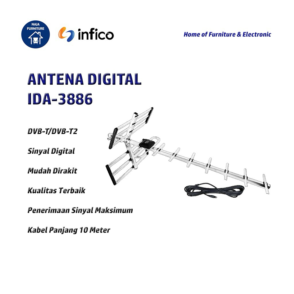 INFICO Antena Digital IDA-3886 | Antena Digital Infico | Antena Free Kabel 10 Meter | Antena Support