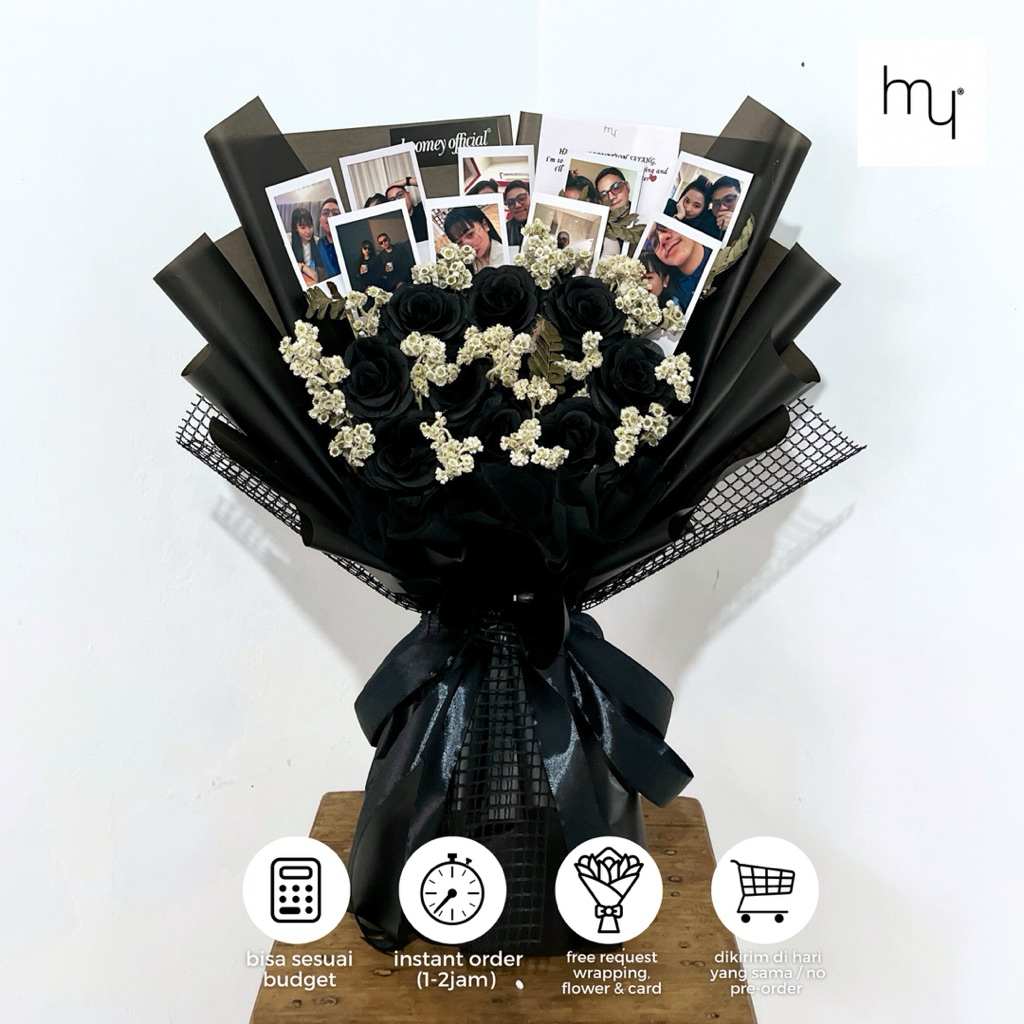 HOOMEY - Buket Bunga Mawar Hitam Mamba 9 Polaroid | Buket Kado Ulang Tahun | Buket Sempro Wisuda