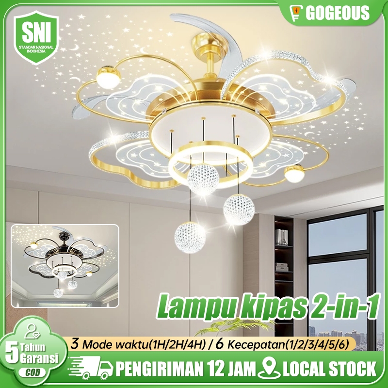 GOGEOUS Lampu Gantung Kristal Kipas Angin Plafon Remote 3 Warna Lampu Plafon Lampu Lampu Kipas Angin