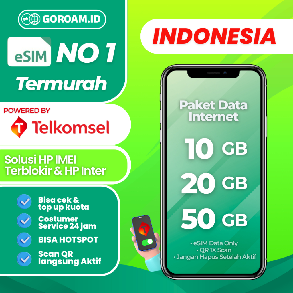 ⚡GOROAM Auto Kirim 24Jam ⚡ eSIM Telkomsel Indonesia 10GB 20GB 50GB Bisa TopUP  | Solusi IMEI Terblok