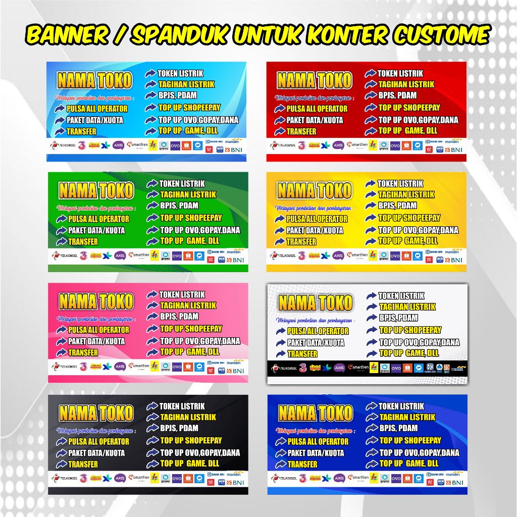 CETAK BANNER SPANDUK KONTER PULSA CUSTOME UKURAN BERDIRI DAN TIDUR FREE DESAIN